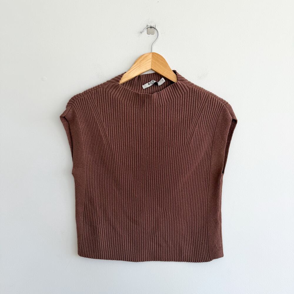 NA-KD Ribbed Knit High Neck Sleeveless Cropped Sweater Top Brown S
